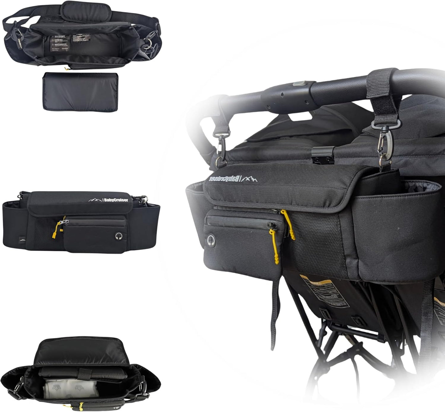 Stroller Caddy Double Stroller Organizer with Cup Holder Phone Pocket Changing Mat Straps Mounted 2 x Stroller Water Bottle Holder