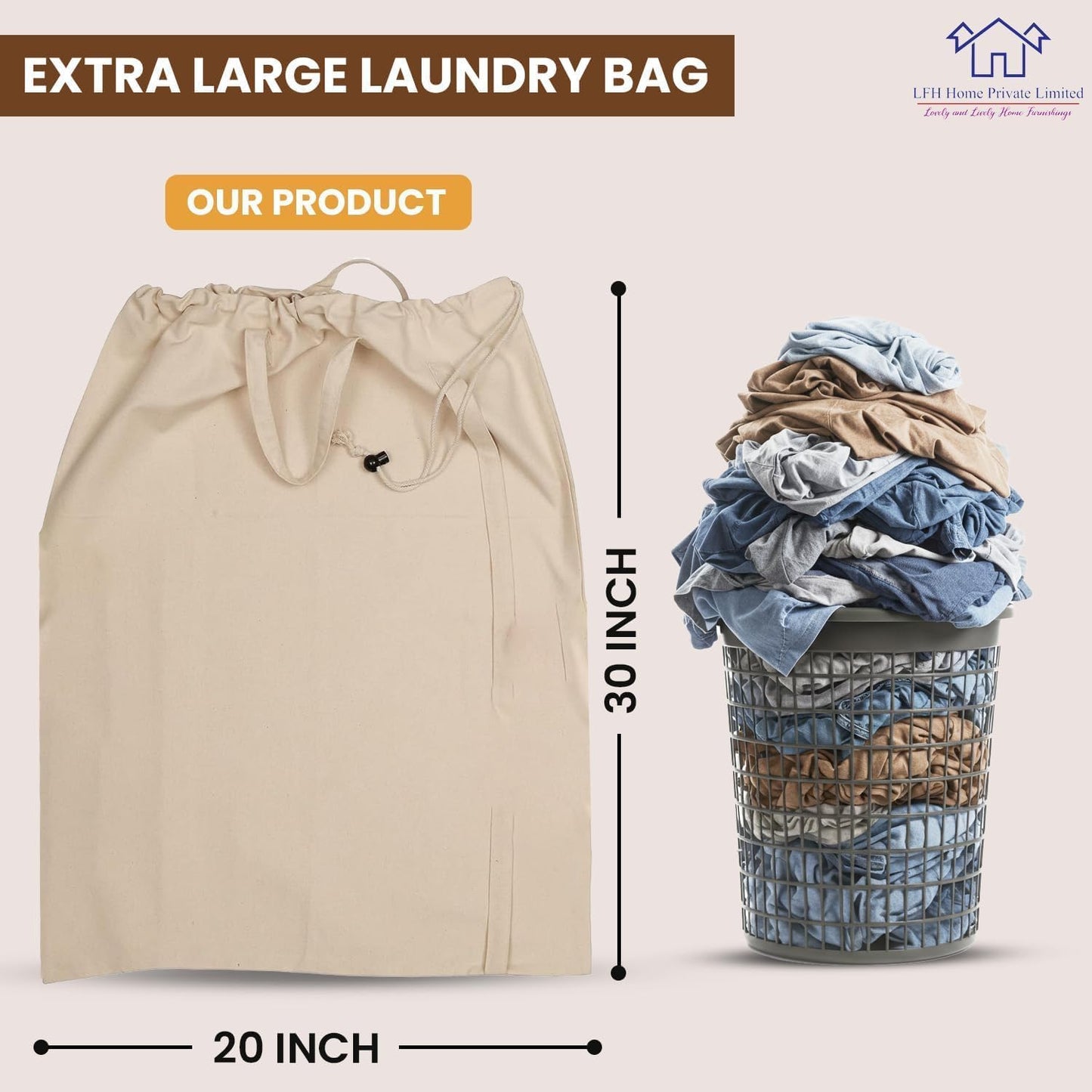 LFH Home Large Premium 100% Cotton Canvas Laundry Bag with Drawstring and Handles Heavy Duty, Multi-Use, and Washable for Home, Travel, College or Storage 20x30 (Pack of 4)-Natural