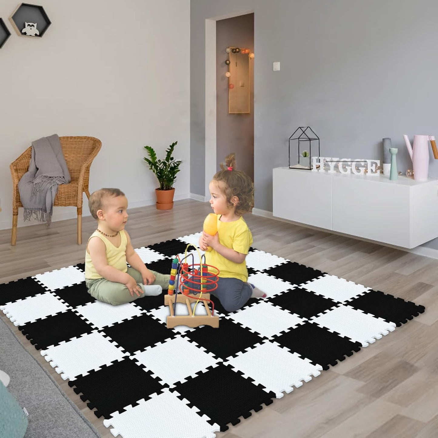 qqpp EVA Rubber 18 Tiles Interlocking Puzzle Foam Floor Mats - Baby Play Mat for Playing | Exercise Mat for Home Workout. White, Black. QC-ADb18N