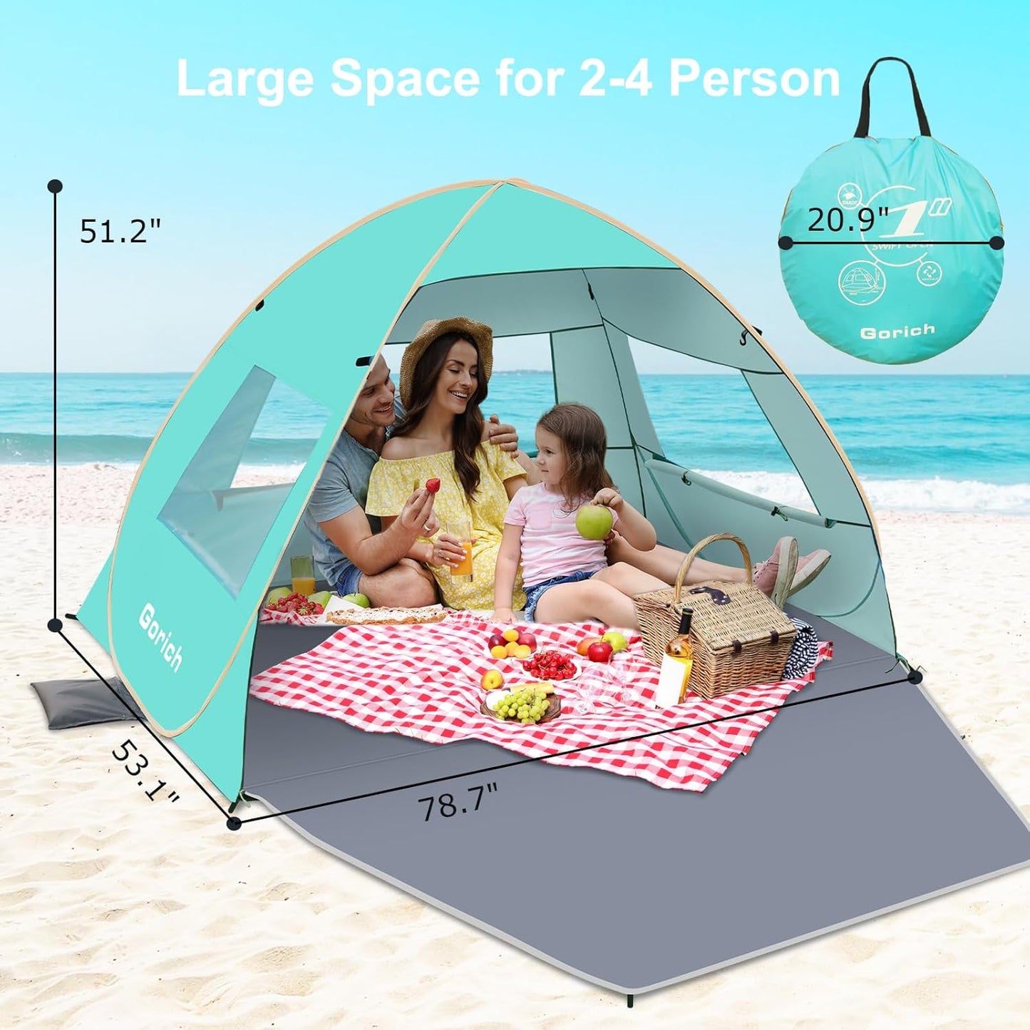 Gorich Easy Pop Up Beach Tent for 3-4 Person, UPF 50+ UV Protection Beach Umbrella Sun Shelter, Portable Lightweight Shade with Easy Foldable & Instant Setup