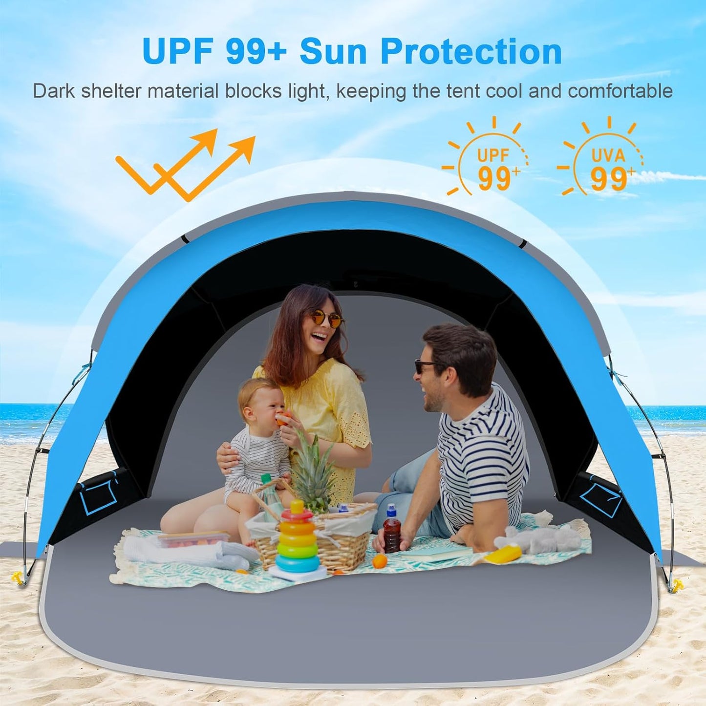 Gorich Beach Tent Sun Shelter with UPF50+ UV Protection for 3/4-5/6-7 Person, Lightweight & Portable Beach Shade Canopy with 2 Zippered Doors, Easy Setup Family Beach Umbrella