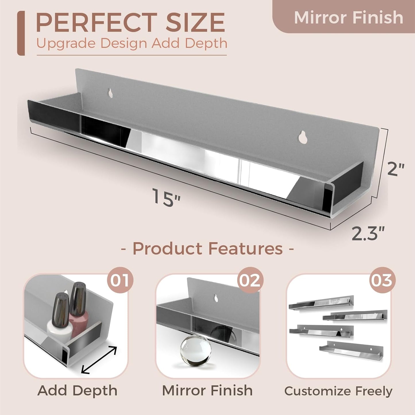 4 Pack 15 Inch Black Reflective Acrylic Shelves, Black Floating Shelves, Modern Sunglasses Essential Oil Picture Ledge Display Toy Storage Shelf