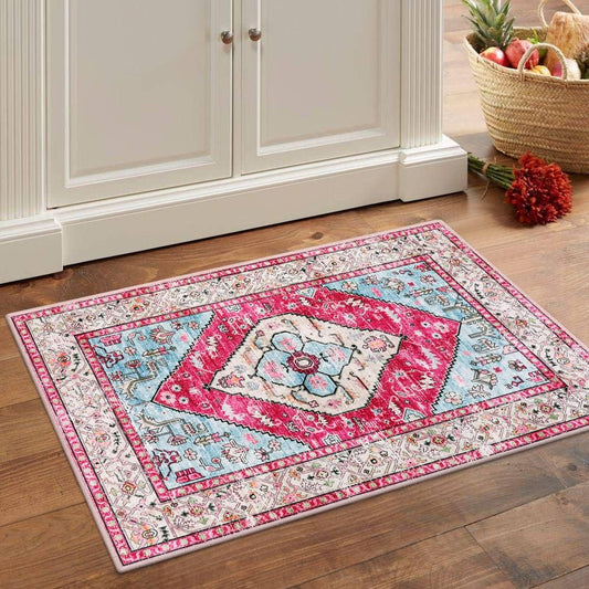 Lahome Boho Round Rug - 5Ft Washable Area Rug, Non-Slip Small Bathroom Rug, Lightweight Bedroom Throw, Oriental Distressed Print Carpet for Entryway, Sofa, Nursery, Kids Room