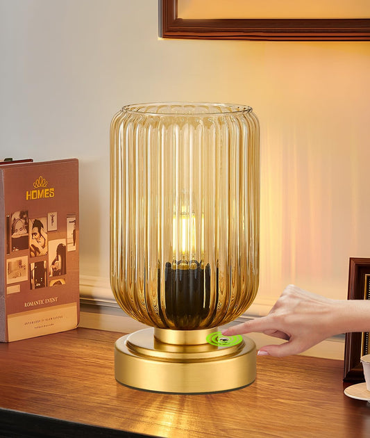 Touch Table Lamp for Nightstand - Small Bedside Lamps for Night Stands Bedroom Living Room, Dimmable Rechargeable Desk Lamp Battery Operated with Amber Glass Shade, Bulb Included