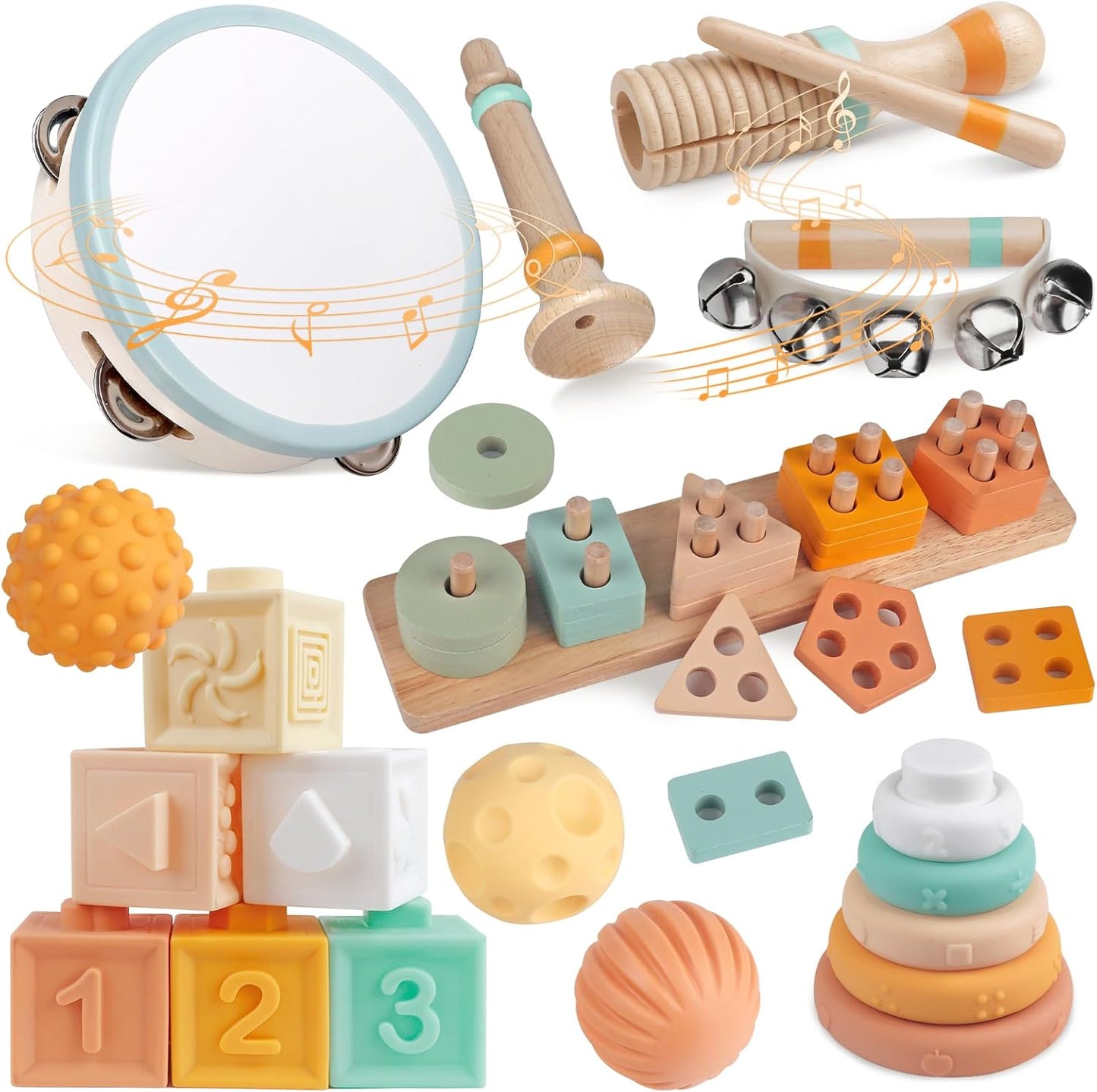 Musical Instruments Wooden for Kids 1-5 Year, Percussion Instruments Music Toy Set with Tambourine, Handbells, Clarinet, Sounder for Toddlers, Montessori Educational Toys for Baby (Natural Color)