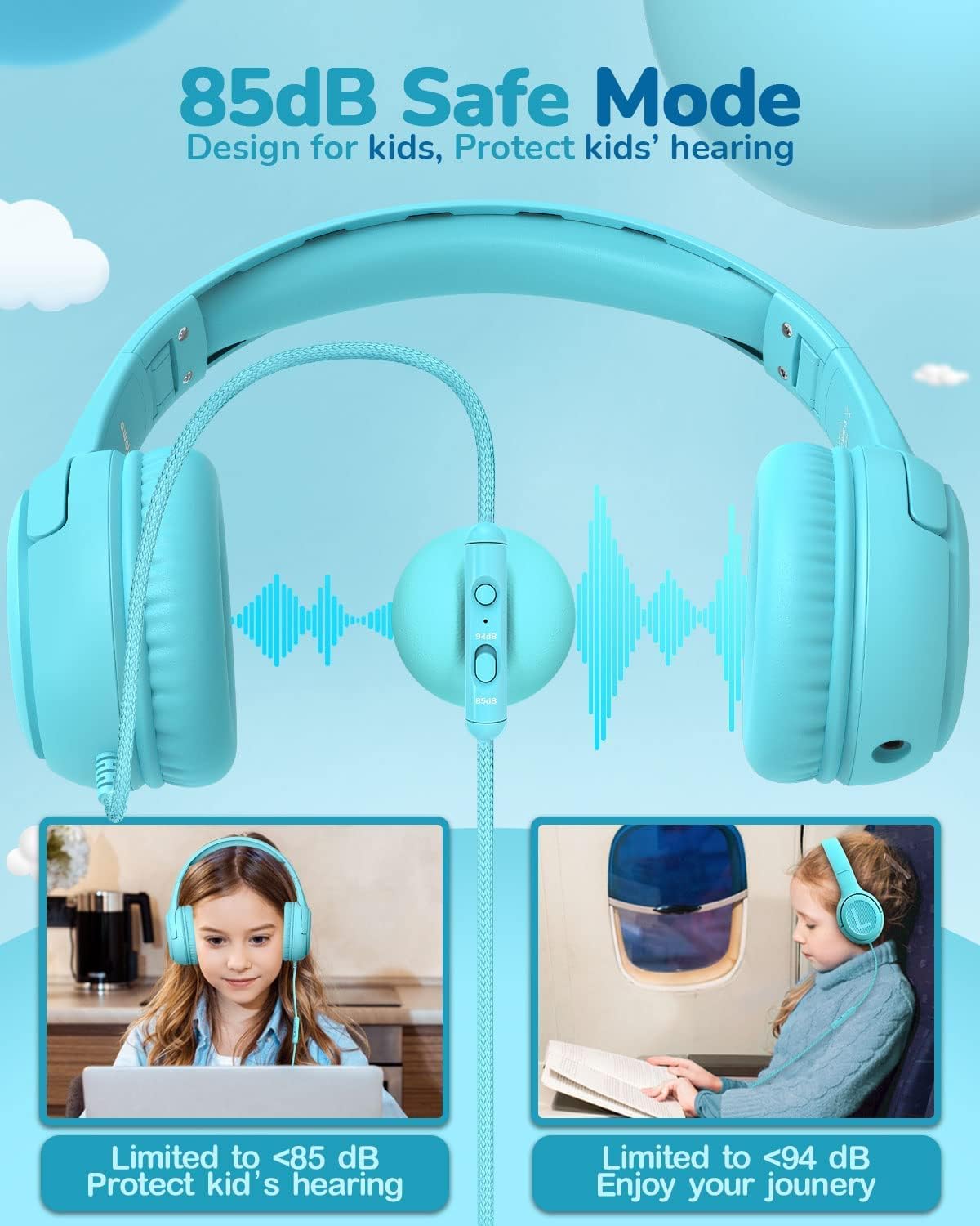 Toddler Kids Headphones Wired - Headphones for Kids Volume Limit 85/94dB Headset 3.5mm Jack Adjustable Foldable Headsets for Girls Boys Children Teens Pad Smartphones School