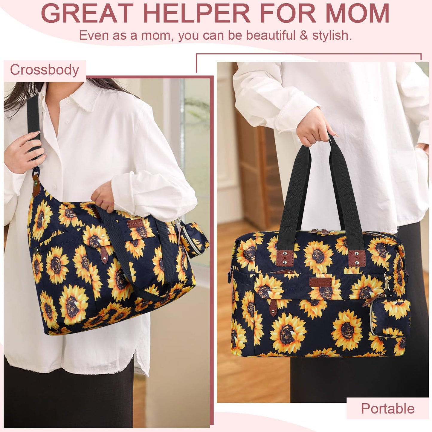 Diaper Bag Tote - Diaper Baby Bags with Pacifier Case, Shoulder Straps, Stroller Clips, Waterproof Large Mommy Bag Maternity Bag Travel Baby Bag for Mom and Dad, Sunflower