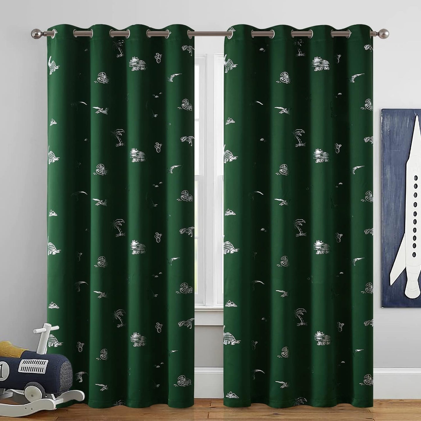 Vangao Kids Curtains Green Blackout Dinosaur Curtains for Boys Kids Nursery Girls Room Silver Dino Foil Print Thermal Insulated Drapes Grommet Top Window Treatments 84 Inches Length 2 Panels