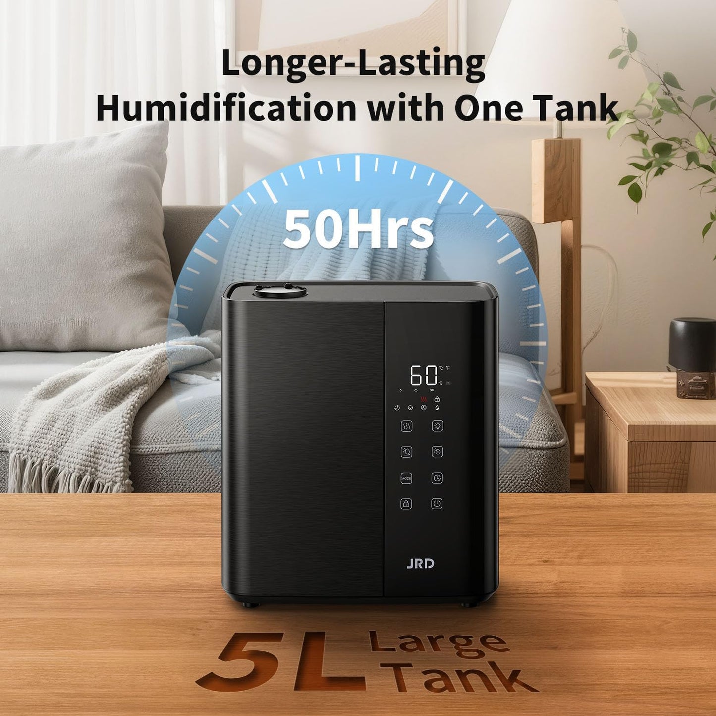 JRD Smart Humidifiers for Bedroom, 5L Warm & Cool Mist Ultrasonic Air Humidifier for Large Room Home Indoor, 50Hrs Quiet Runtime for Baby, Plants, Remote Control, Auto Humidity Sensor, 12H Timer