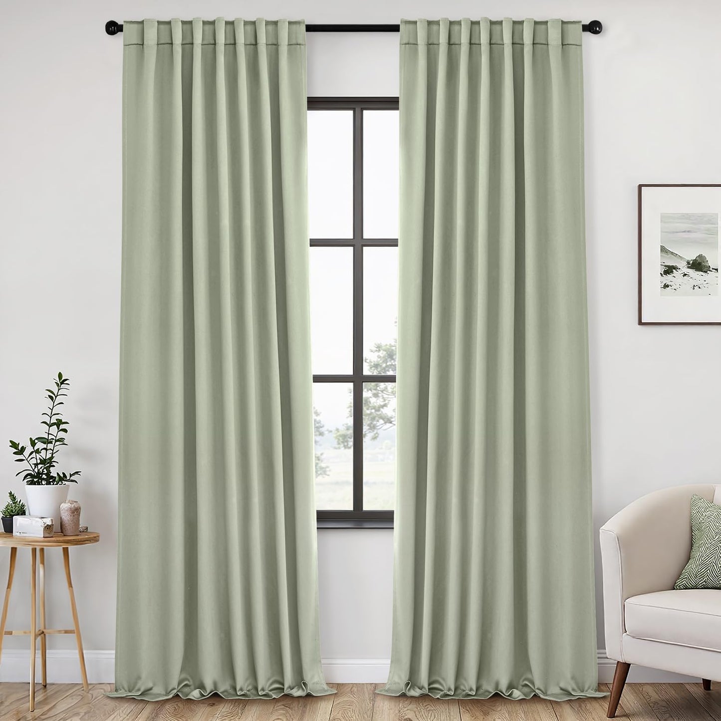 ANRODUO Back Tab Blackout Curtains for Bedroom Living Room, Rod Pocket Pinch Pleated Thermal Insulated Room Darkening Curtains 120 Inches Long 2 Panels, Sage Green, 52 x 120 Inch