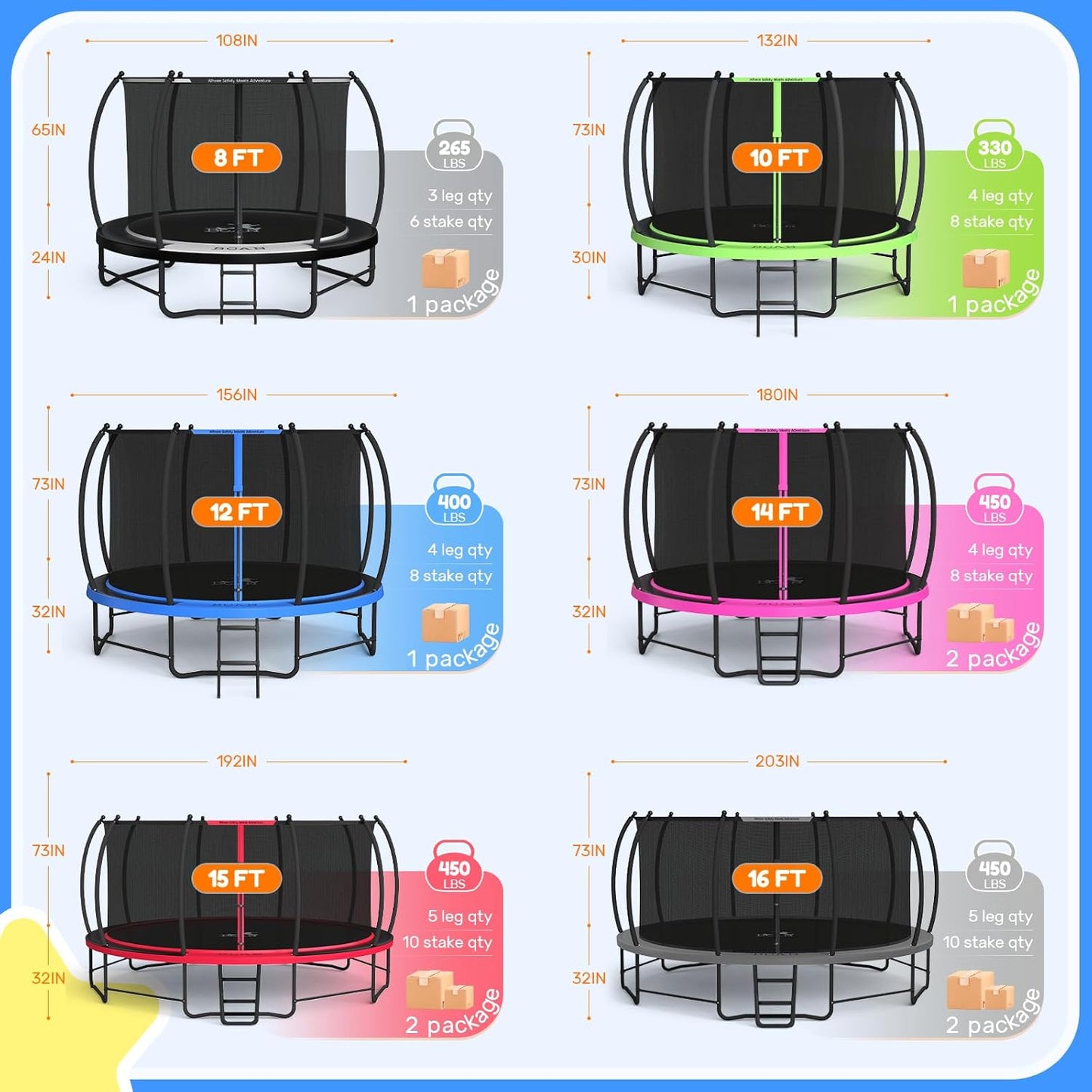 BCAN 8FT 10FT 12FT 14FT 15FT 16FT Recreational Trampoline with Enclosure for Kids Adults, ASTM Approved, Outdoor Trampolines with Ladder for Kids