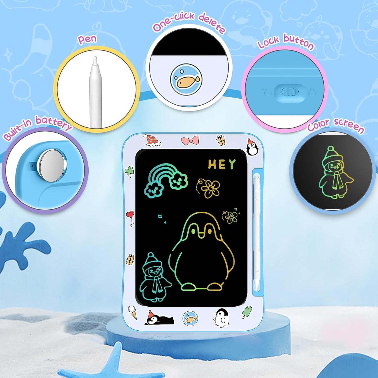 LCD Writing Tablet for Kids, Colorful Screen Drawing Board for 3-7 Year Old Boys & Girls - Educational Toys for Birthday & Christmas (Penguin)
