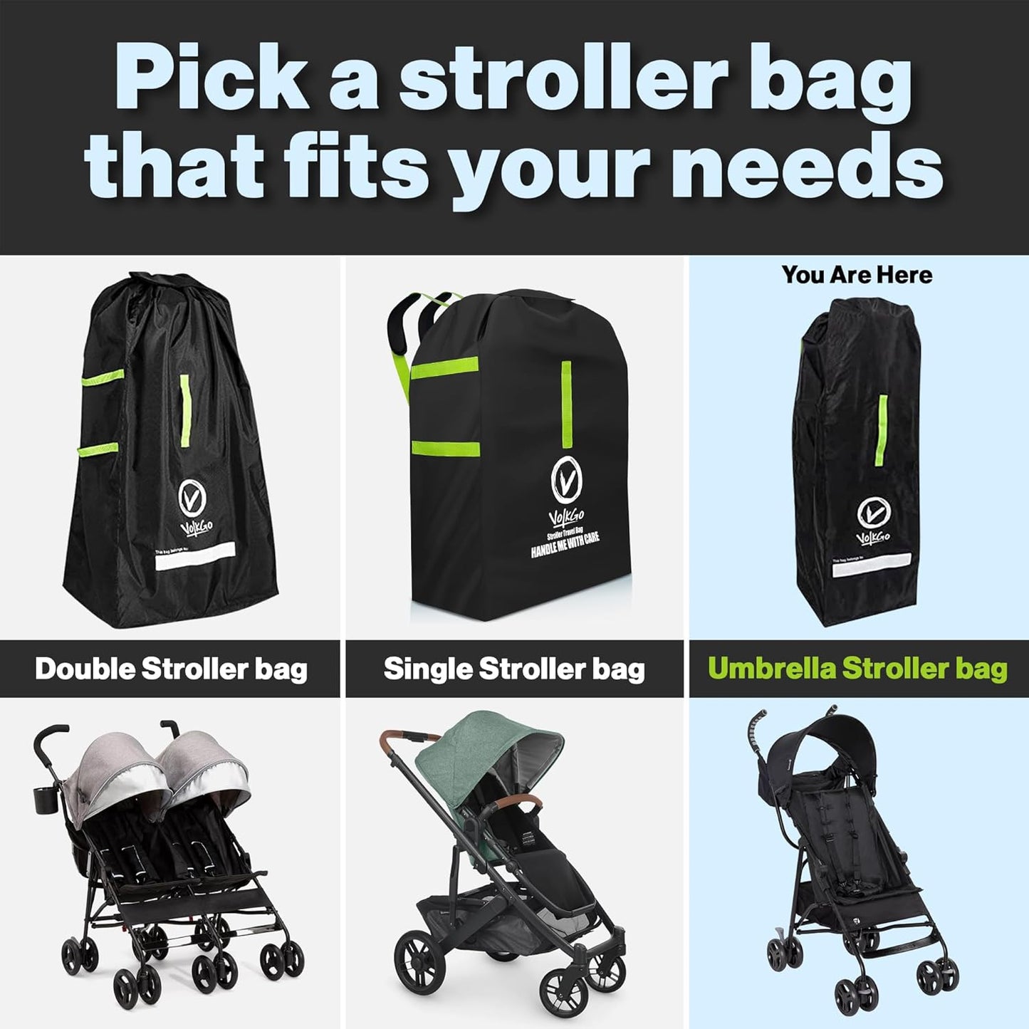 V VOLKGO Stroller Bag for Airplane, Large Cover for Airtravel, Jogger & Umbrella Stroller Cover for Travel - Fits Most Sizes, Gate Check Bag, Heavy Duty Durable Infant carrier covers for Air Travel