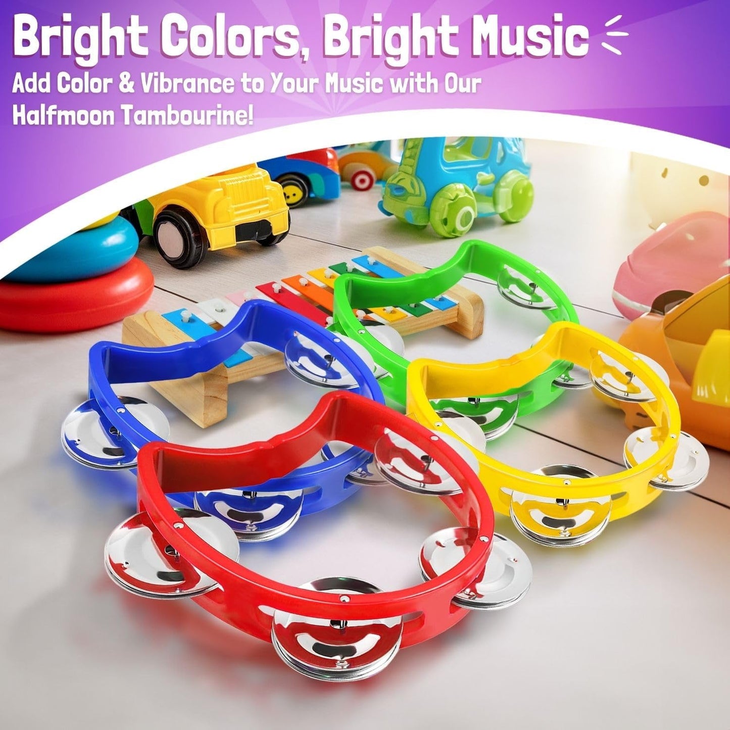 Flexzion Half Moon Musical Tambourine Set of 4, Red Yellow Blue Green, Double Row Metal Jingles Hand Held Percussion Drum with Ergonomic Handle Grip