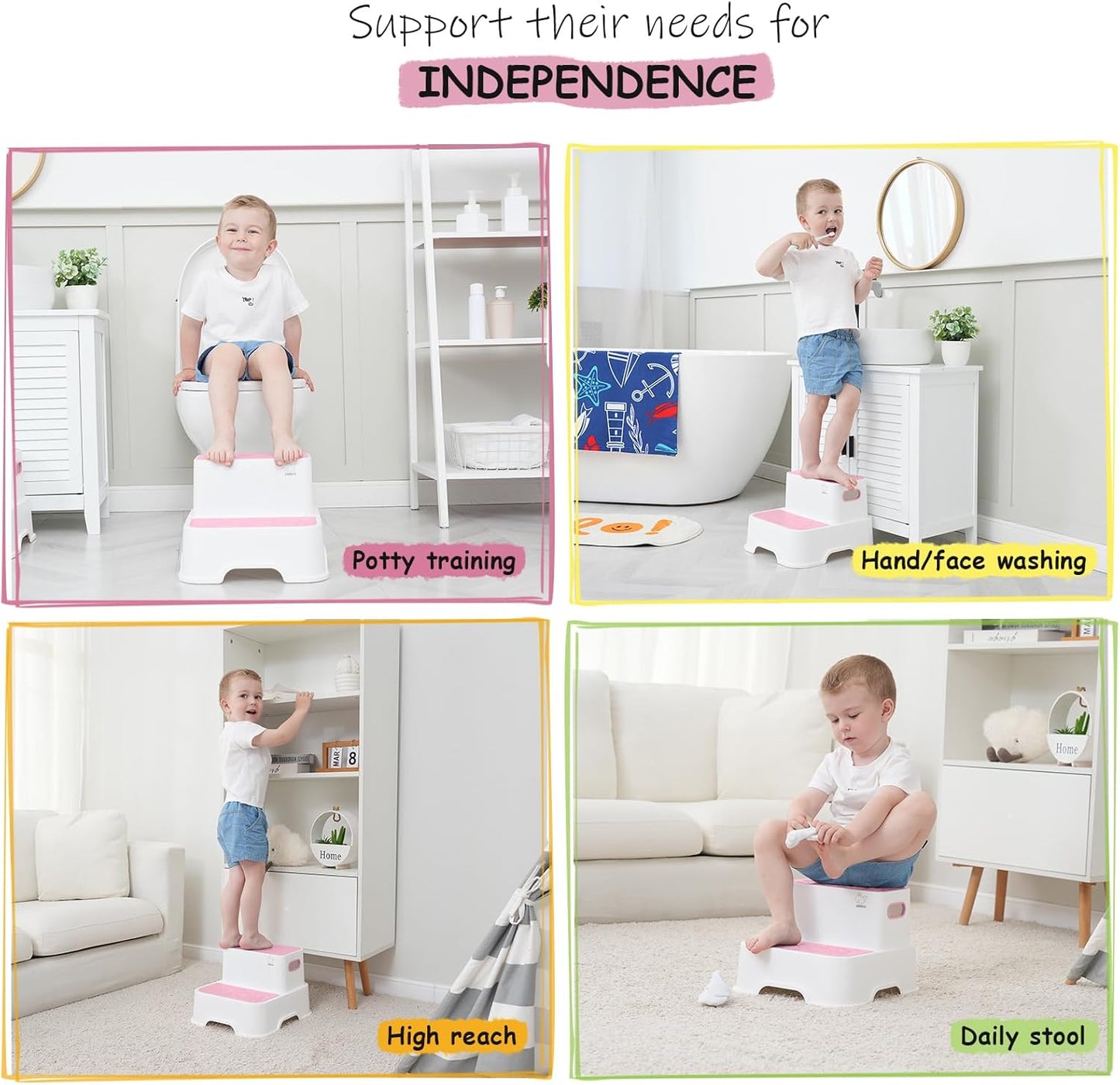 Two Step Stools for Toddlers Girls, Small Kids Step Stool for Bathroom Sink, No Slip Toddler Step Stool for Little Grils Room Princess Bedroom Closet Potty Training (2 Pack, White-Pink)