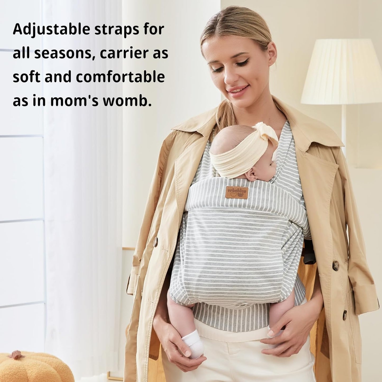 Baby Wraps Carrier Newborn to Toddler, Kangaroo Baby Easy Wearing Wrap, Adjustable Soft Baby Holder Front Chest Sling Carriers Perfect Infant Essentials Gifts (Striped Grey, Cotton)