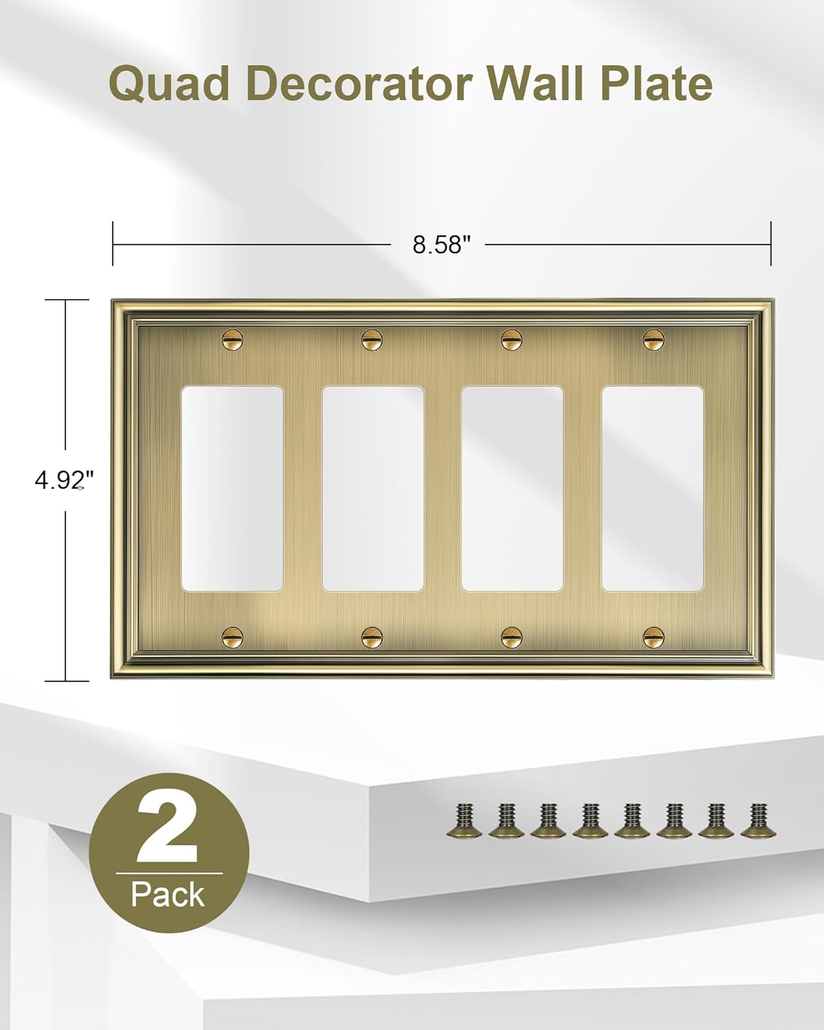 2-Pack Quad Decorator Cover Plate, Zinc Alloy Decorative Antique Brass Switch Plates and Outlet Covers, 4 Gang Wall Plate for Electrical Outlets, Receptacle, GFCI Outlet, Dimmer Switch