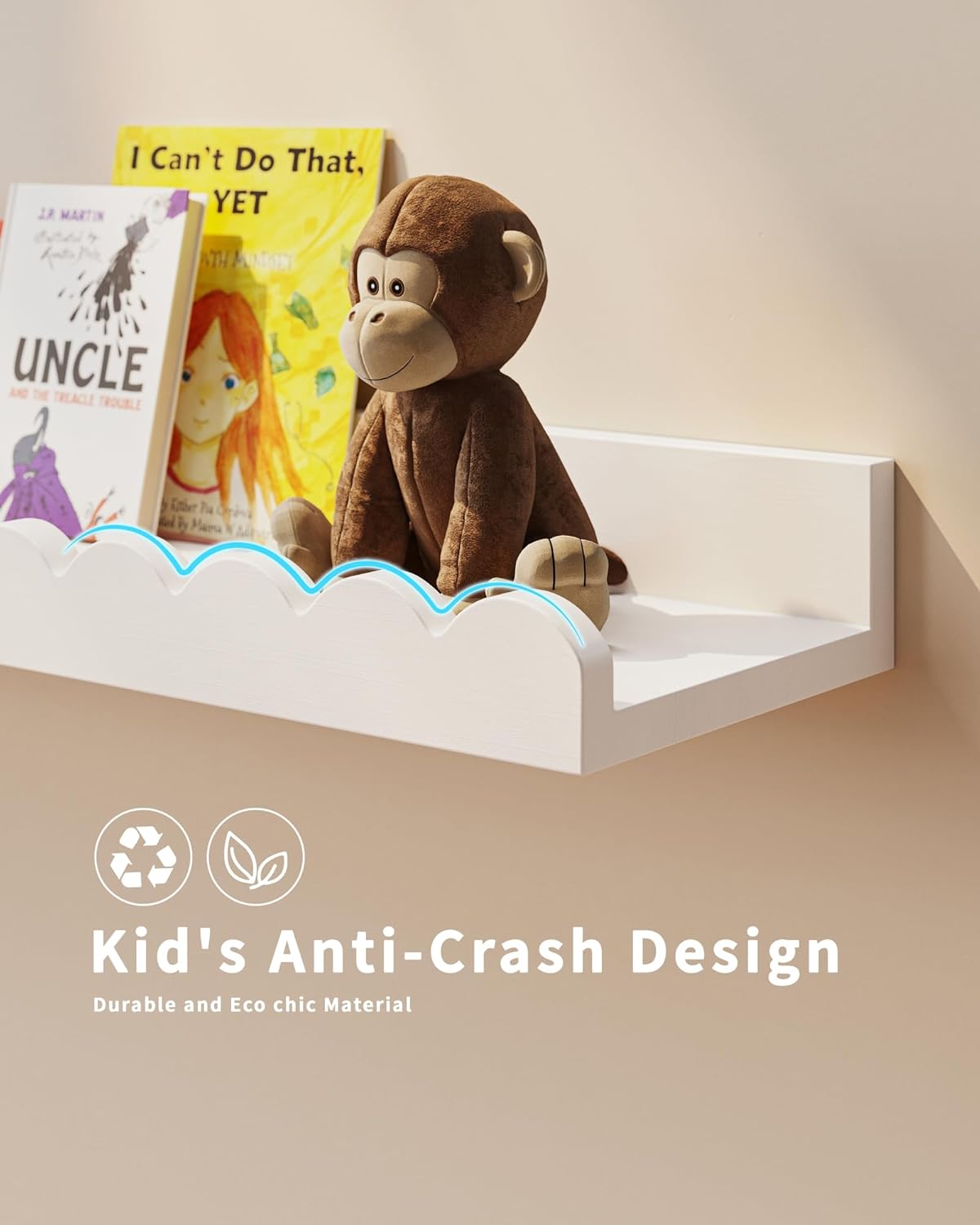 Nursery Book Shelves, 4-Pack White Floating Shelves for Wall Kids, Scalloped Shelves, Wall Book Shelves for Bedroom Kids, Toddler Room, Baby Room, Nursery Decor