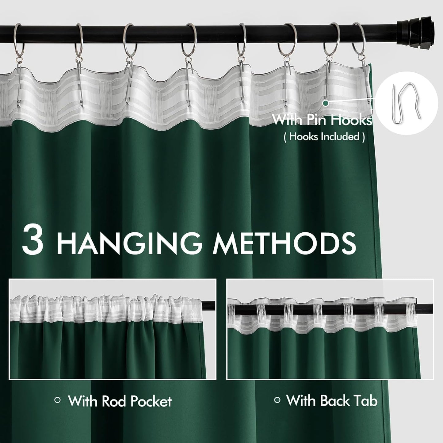 MIULEE Hunter Green Back Tab Blackout Curtains 120 Inch Long 2 Panels Set for Living Room Bedroom, Rod Pocket/Pinch Pleated Extra Long Thermal Insulated Room Darkening 10FT Window Drapes