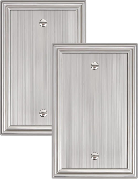 2-Pack Single Blank Wall Plates, Durable Solid Zinc Alloy Blank Outlet Covers, Decorative Brushed Nickel Wall Plate Cover for Unused Outlets/Switches, Corrosion Resistant