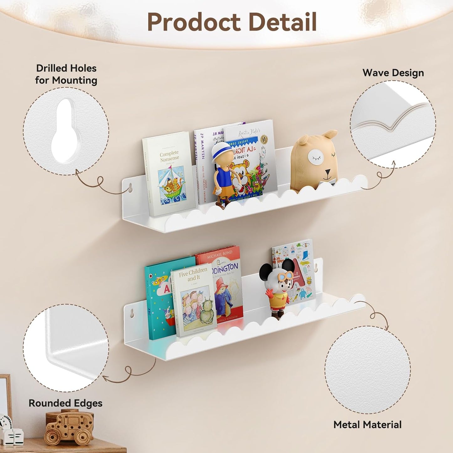 Nursery Book Shelves, 17 Inch White Metal Floating Shelves for Wall 4 Pack, Wall Mounted Book Shelf for Kids Room, Bedroom, Bathroom, Playroom Decor