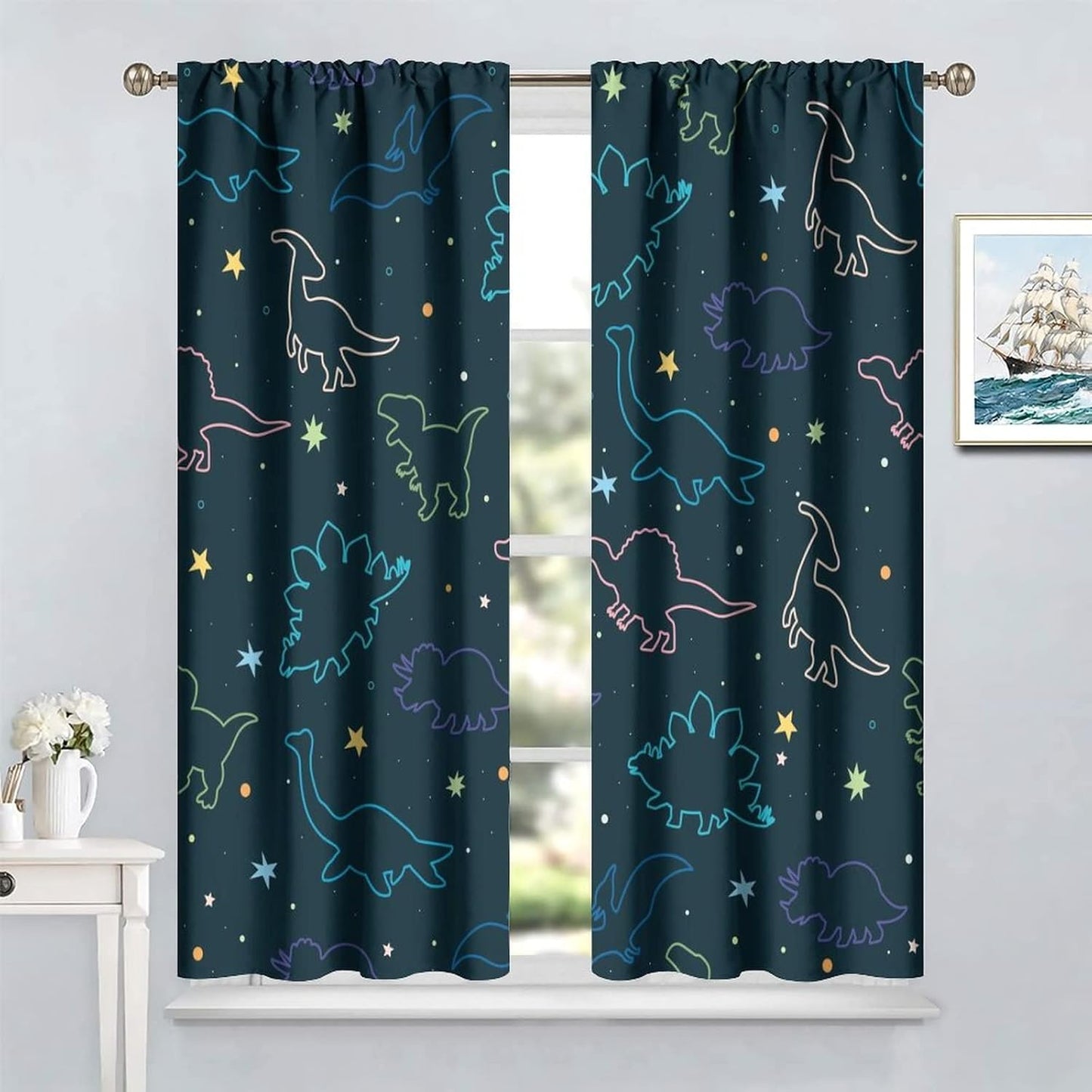 Cartoon Colorful Dinosaur Curtains for Kids Boys Girls Home Decor, Astronaut Funny Outer Space Star Blackout Rod Pocket Window Drapes for Bedroom Living Room W26xL84in 2 Panels