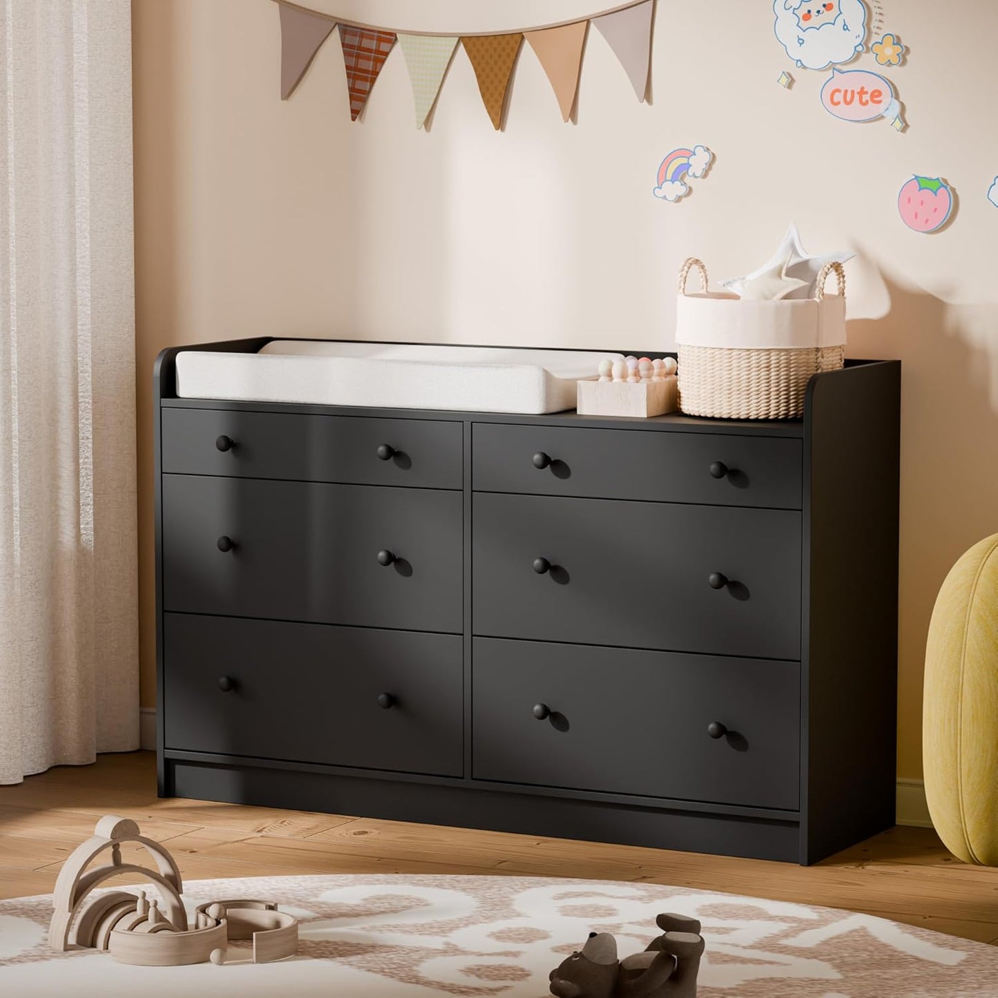 Cozy Castle Baby Dresser with 6 Drawers and Large Table Top, Multi-Functional Chest of Drawer, Drawer Dresser with Three-Sided High Rails for Nursery, Children's Room, Bedroom, Black