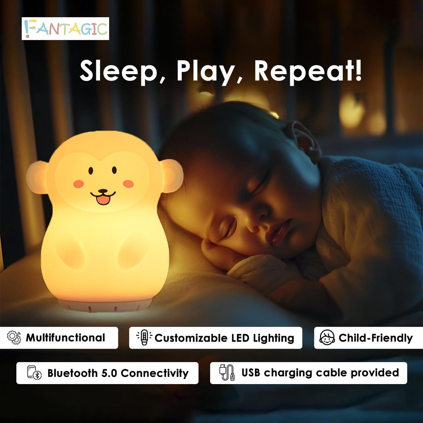 Combined Bluetooth Speaker & Nightlight With 9 Color Emissions, Child Friendly Silicone & BPA Free, USB Recharging, Receives Audio From Computer, Phone Or Tablet, and includes Remote Control (Monkey)