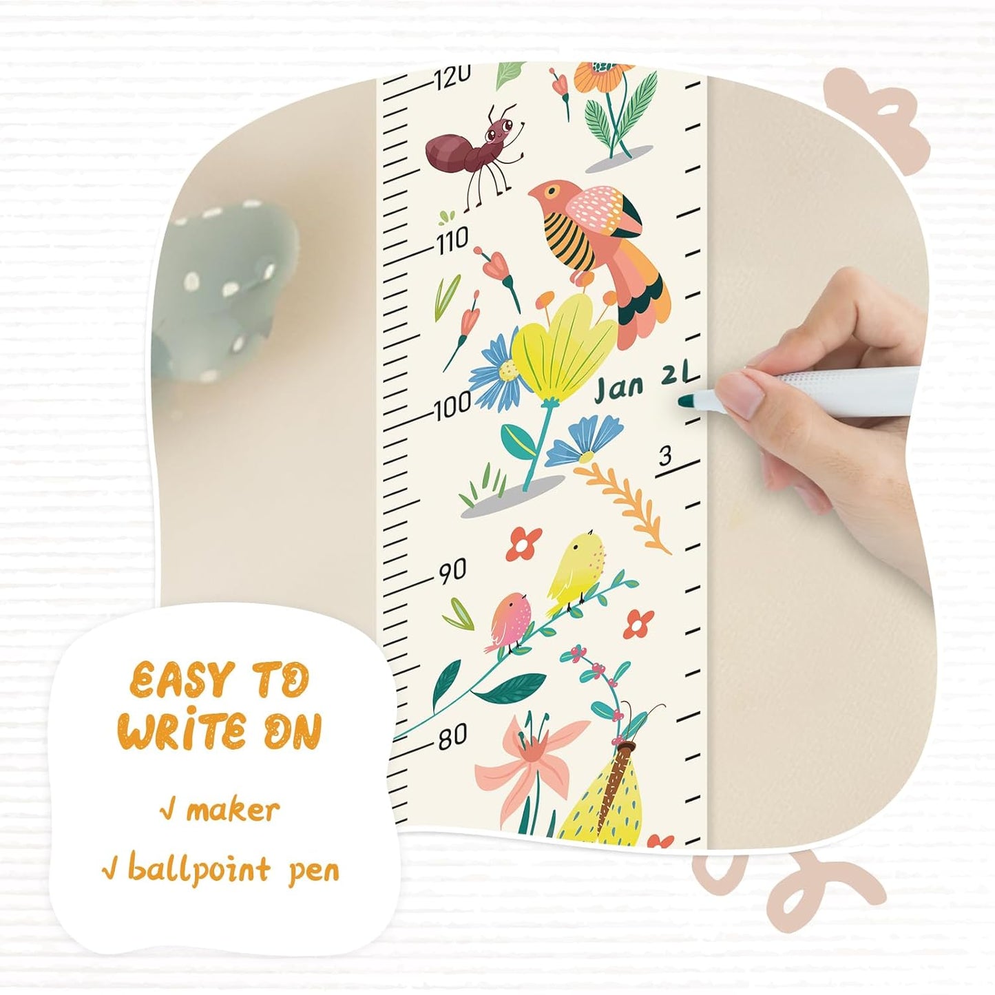 Personalized Name Growth Chart for Wall, Flower Birds Canvas Height Chart for Kids Baby Child Toddler Boys Girls, Canvas&Wood Growth Chart for Wall Room Nursery Decor,Easy Care