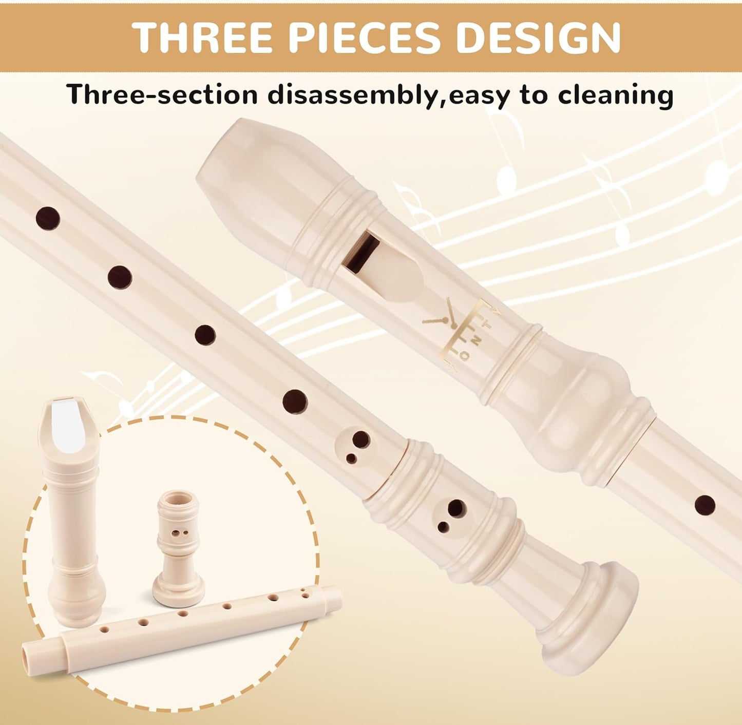 Soprano Recorder 8-Hole Instrument for Kids Beginners, Baroque Style C Key Kids Flute with Cleaning Rod & Case Bag for School Education Home Entertainment - Beige