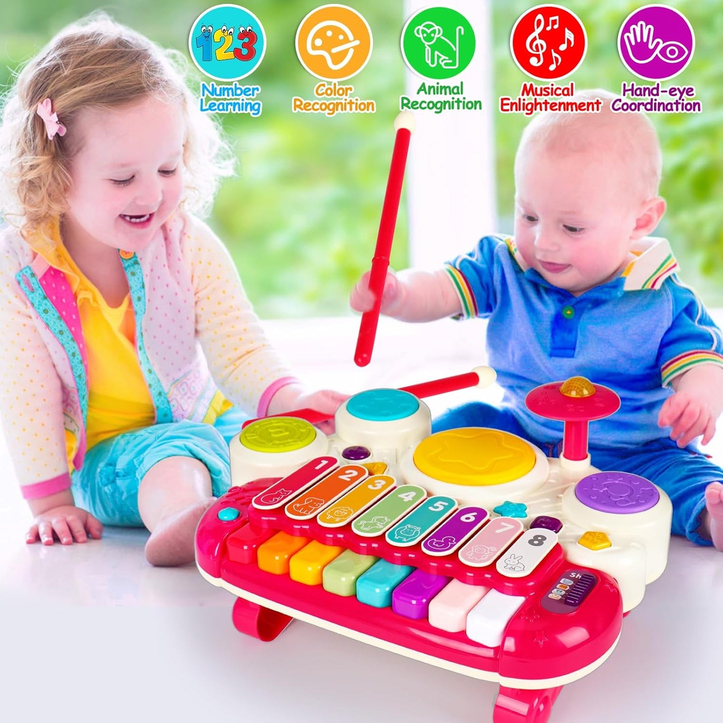 3 in 1 Musical Toys for Toddlers 1-3 Piano Xylophone Drum Set Toys for 1 2 3 Year Old Girls Birthday Music Instruments Baby Learning Developmental Sensory Toys Toddler Toys Age 1-2 2-3