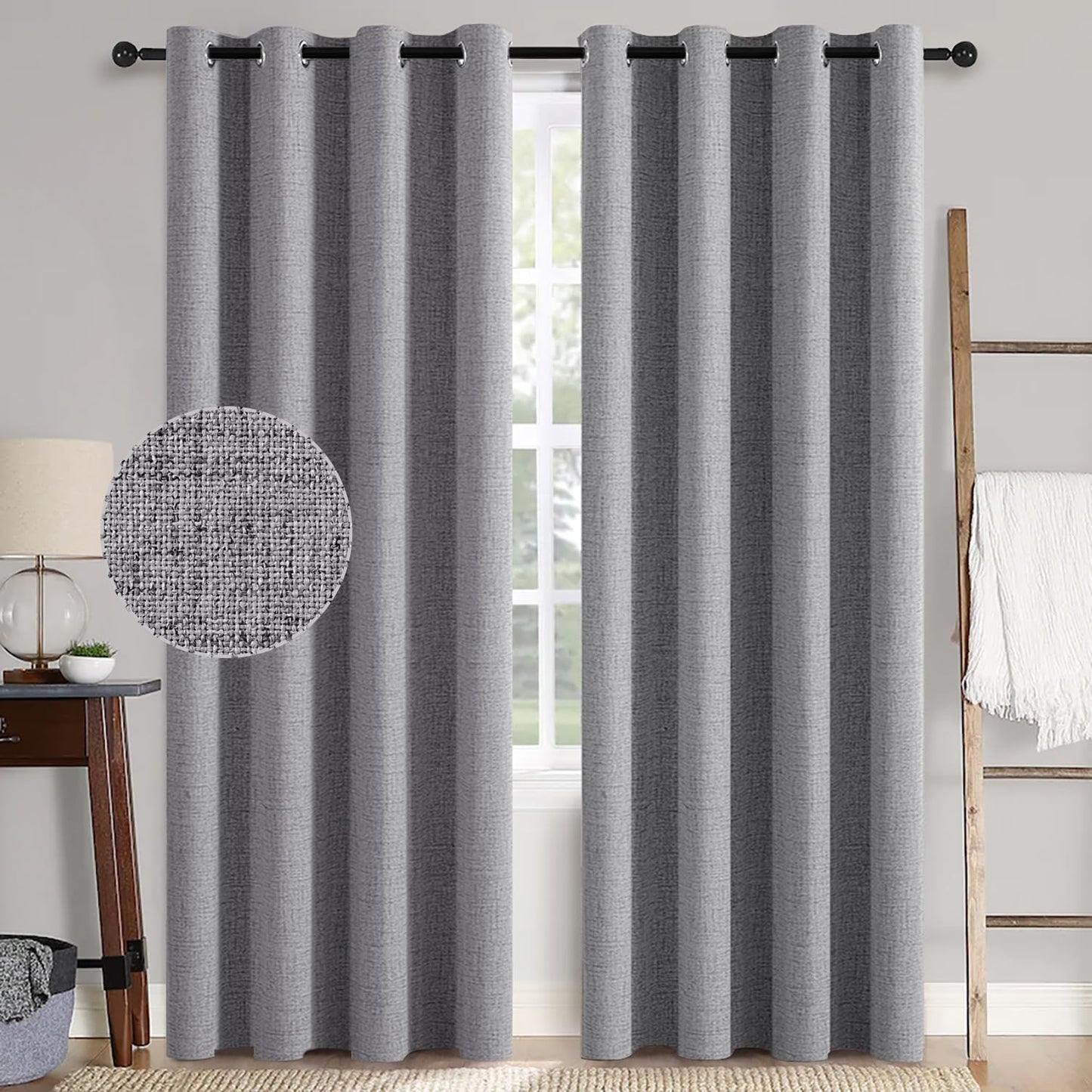 MIULEE Linen Textured 90 Inches Curtains for Bedroom 100% Blackout Thermal Insulated Grey Curtains Grommet Room Darkening Luxury Decor for Living Room Nursery 52 x 90 Inch (2 Panels)