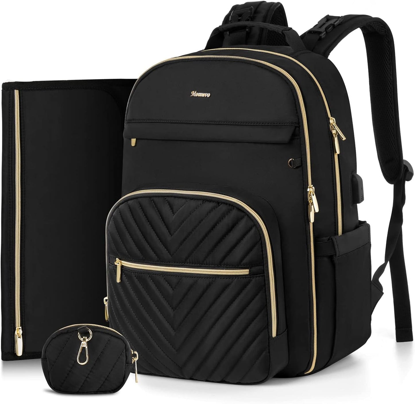 MOMUVO Diaper Bag Backpack, Quilted Baby Bag with Changing Pad & Stroller Straps & Pacifier Case, Large Travel Diaper Bags for Mom Dad, Black