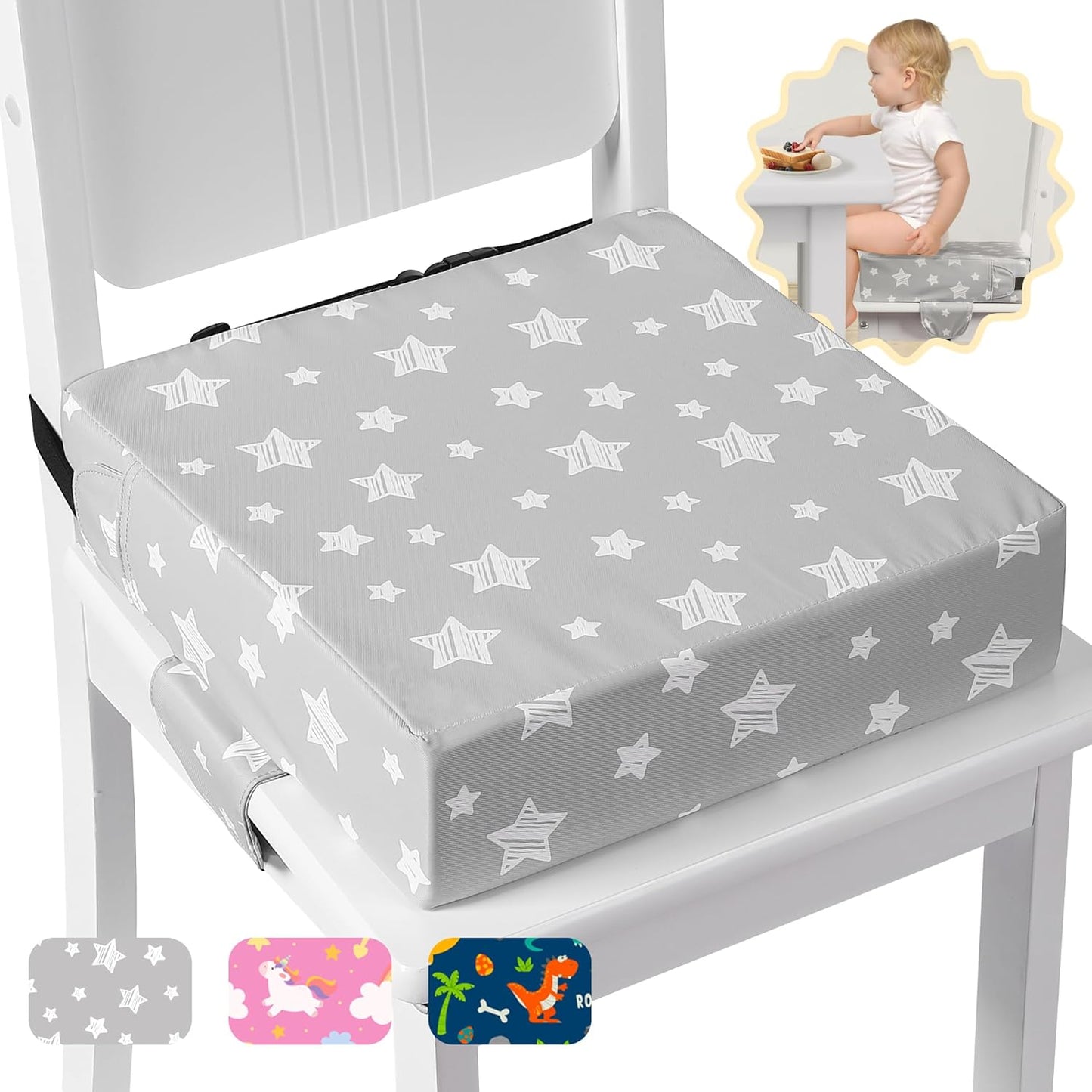 Booster Seat for Kitchen Chair with Adjustable Straps, Toddler Booster Seats for Dining Table Portable for Travel Camping Eating, Booster Cushion for Table for Baby Child Infant Kid Boy Girl