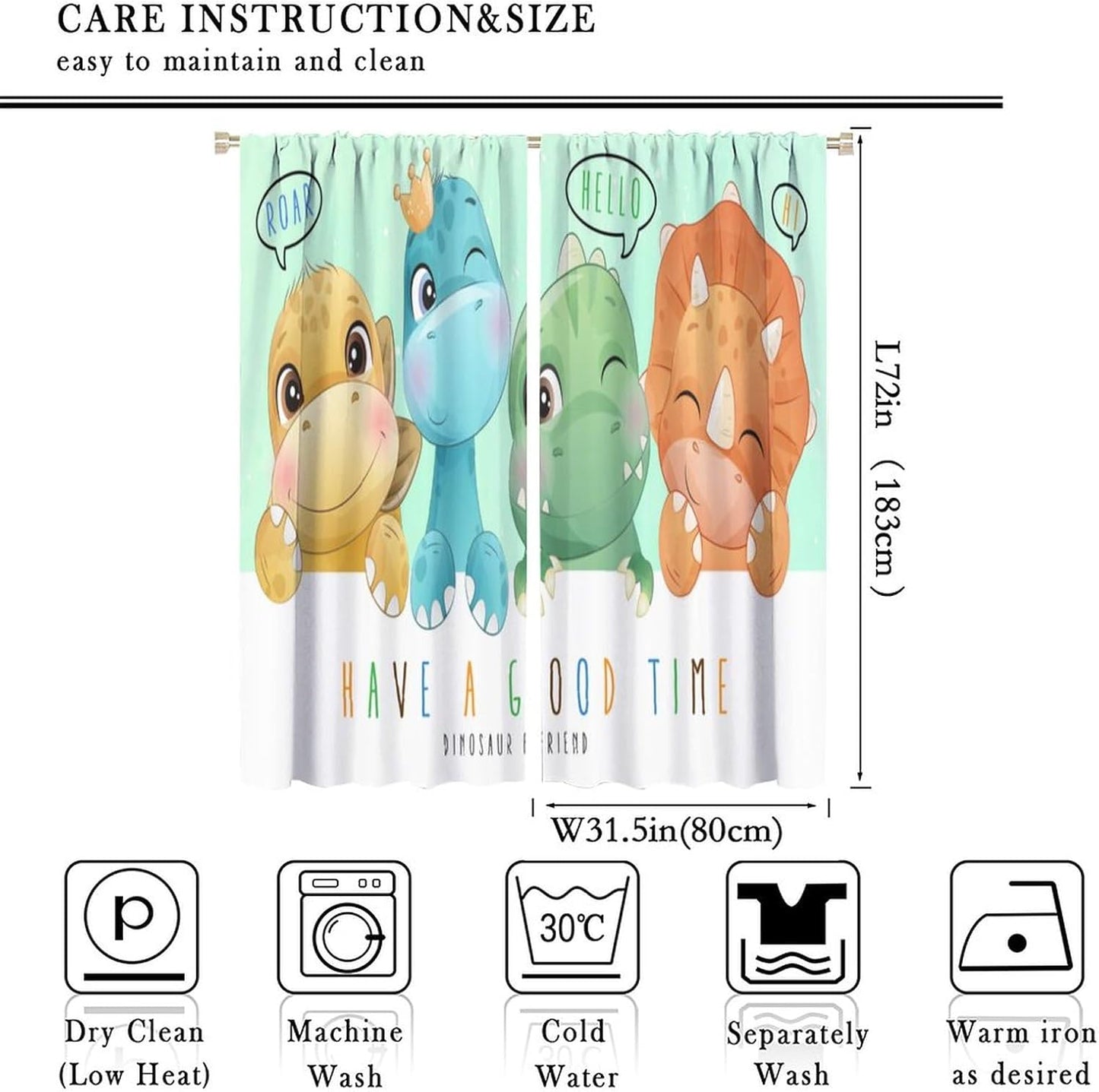 Kids Dinosaur Curtains for Boys Girls Bedroom Decor Cartoon Dino Colorful Cute Funny Animal Printed Blackout Rod Pocket Window Drapes for Baby Nursery Playroom Living Room W31.5xL72in 2 Panels