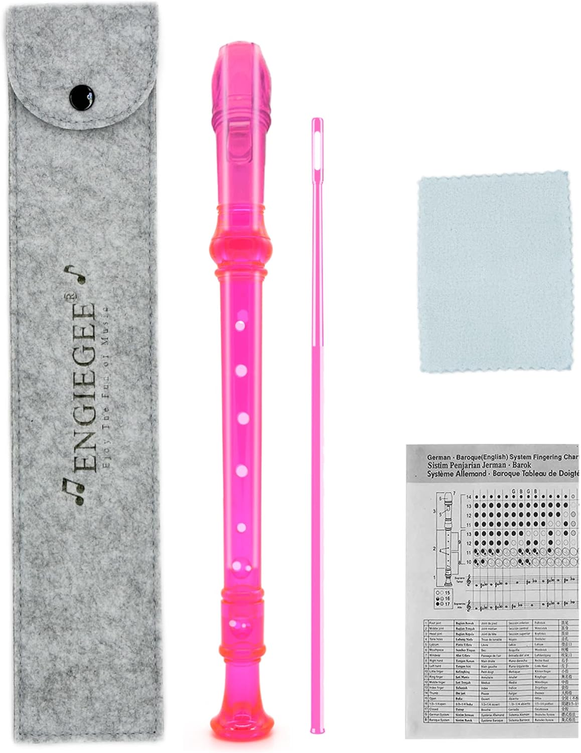 SJOYS ENGIEGEE 8-Hole Soprano Descant Recorder Kids Music Flute with Cleaning Rod & Case Bag For School Student Home Entertainment Transparent Pink