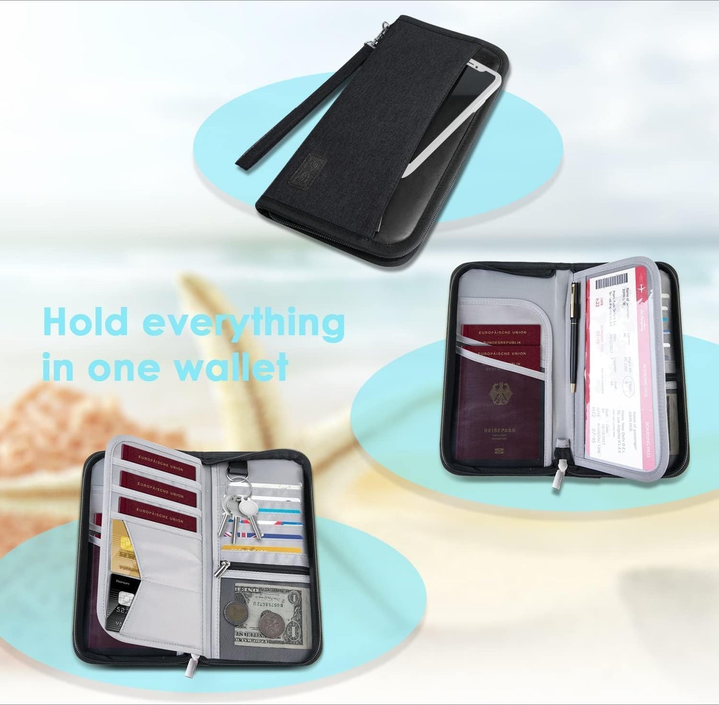 Real Leather Wallet RFID Family Passport Holder Waterproof Travel Essentials (All Black)