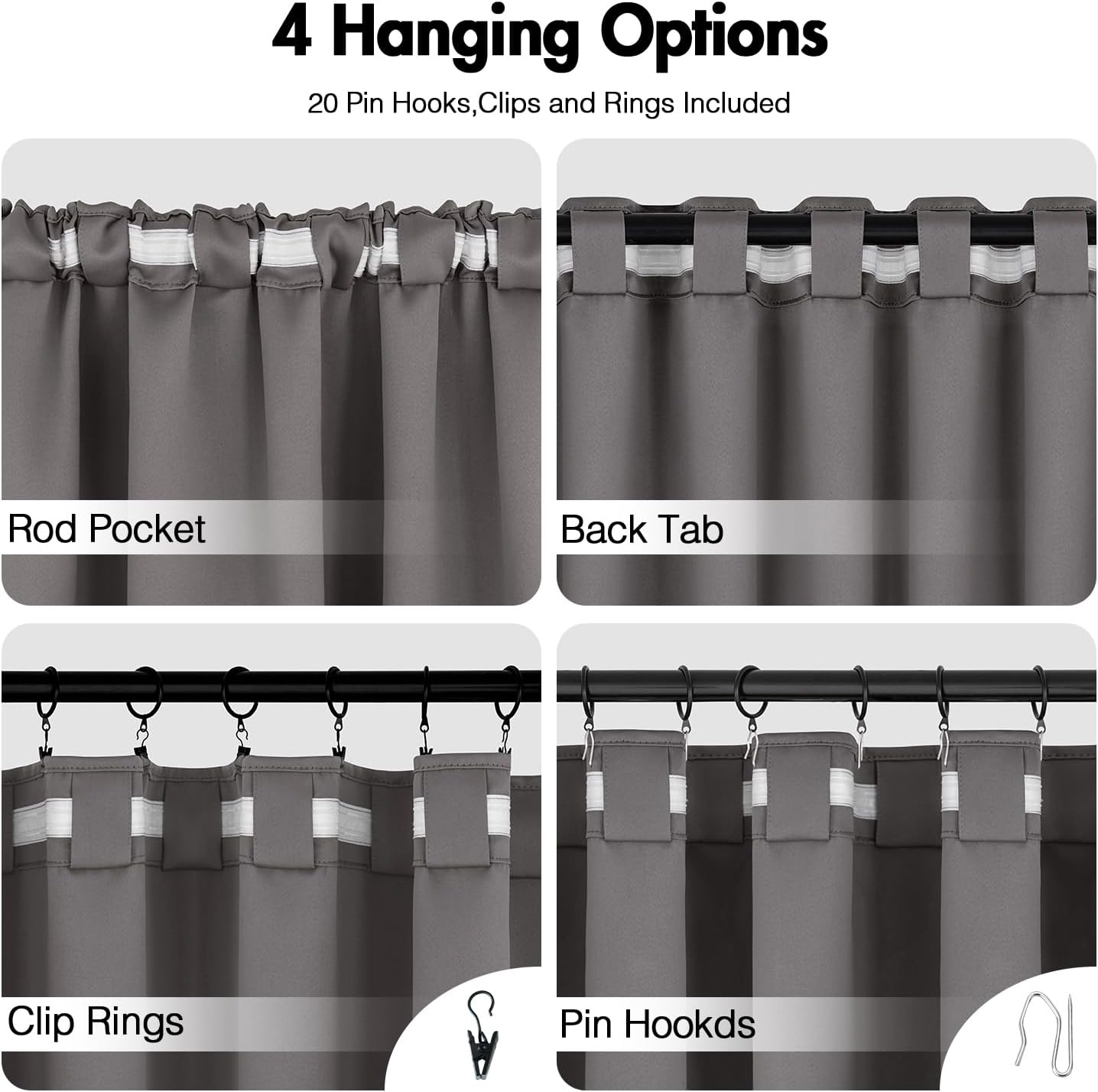 ANRODUO Back Tab Blackout Curtains for Bedroom Living Room, Rod Pocket Pinch Pleated Thermal Insulated Room Darkening Curtains 92 Inches Long 2 Panels, Grey, 42 x 92 Inch