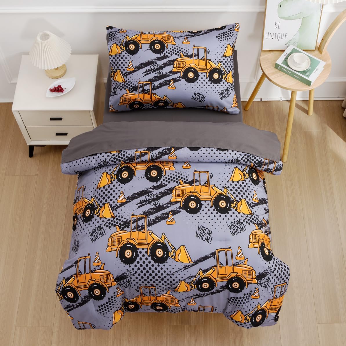 NTBED 4 Pieces Construction Toddler Bedding Set for Baby Boys, Excavator Truck Vehicles Cars Printed, Includes Comforter, Flat Sheet, Fitted Sheet and Pillowcase,Grey