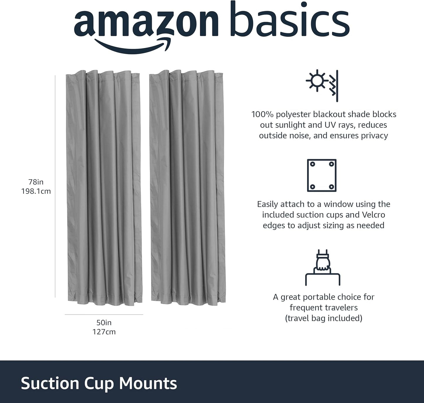 Amazon Basics Portable Blackout Curtain Shade with Suction Cups, 50"W x 78"L, 2-Pack, Dark Grey