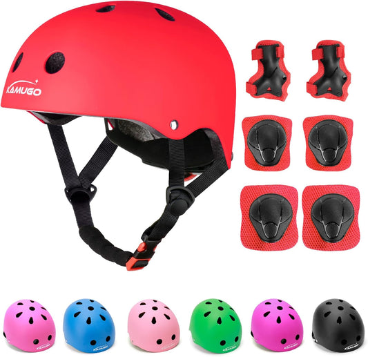 KAMUGO Kids Adjustable Helmet, with Sports Protective Gear Set Knee Elbow Wrist Pads for Toddler Age 2-8 Boys Girls, Bike Skateboard Hoverboard Scooter Rollerblading Helmet Set