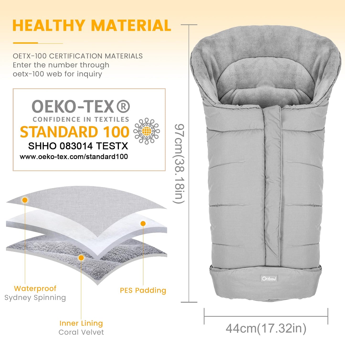 Orzbow Universal Stroller Footmuff, Winter Warm Baby Bunting Bag for Stroller - Cold Weather Zipper Strollers Sleeping Bag, Water-Repellent, Winter Essentials Must Have for Toddler Kids, Light Grey