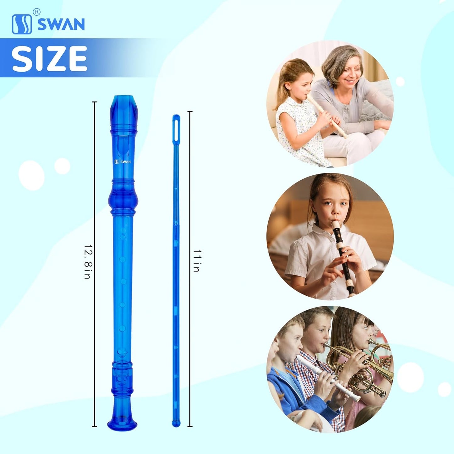 SWAN Soprano Recorder Instrument for Beginners Kids Student - Baroque Style 8 Hole Flute Detachable 3pcs ABS Descant Recorders with Cleaning Rod and Fingering Chart, SW8KT, Transparent Blue