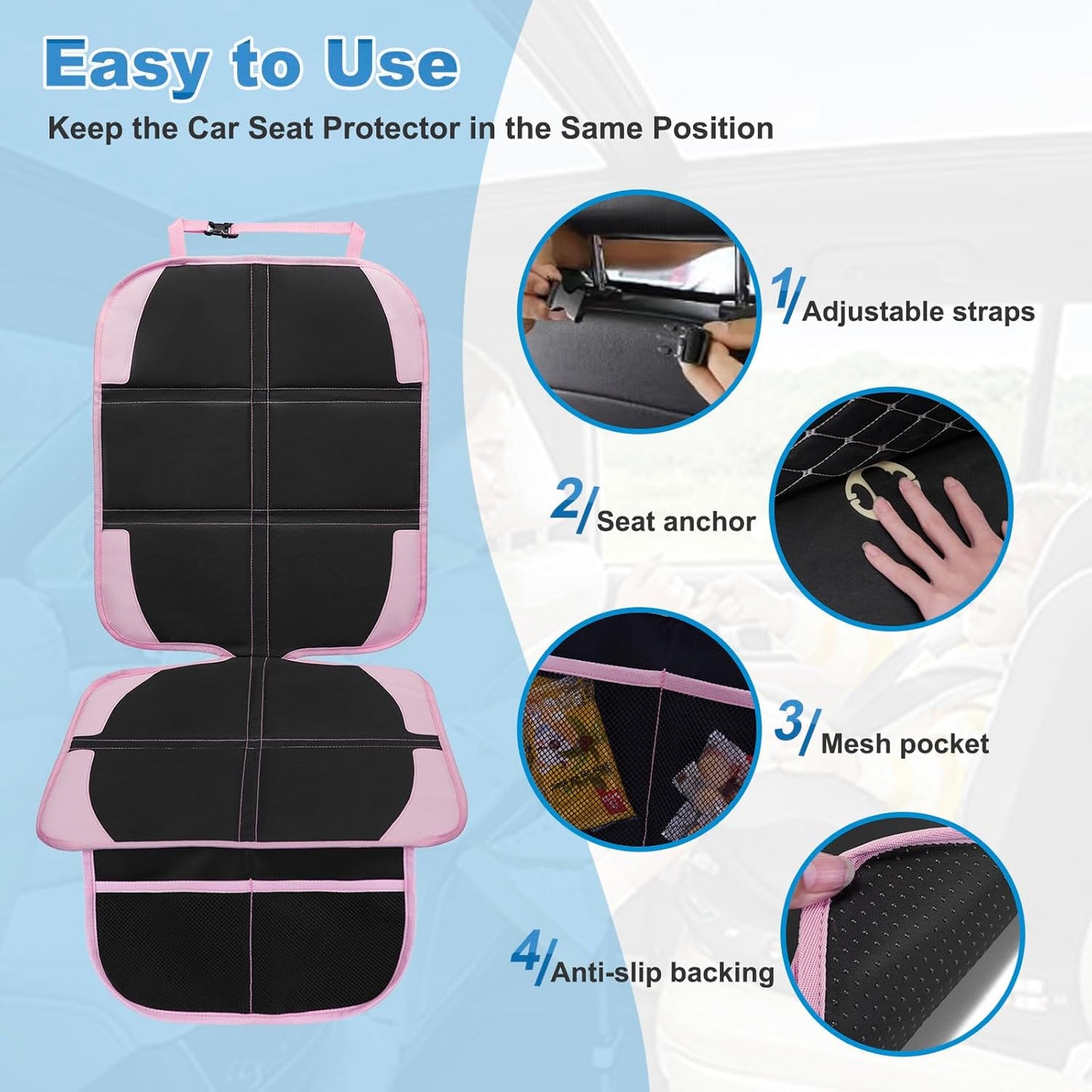 Child Car Seat Protector, 2 Pack with Mesh Pockets & Non-Slip Backing, 600D Durable (Pink, Standard)