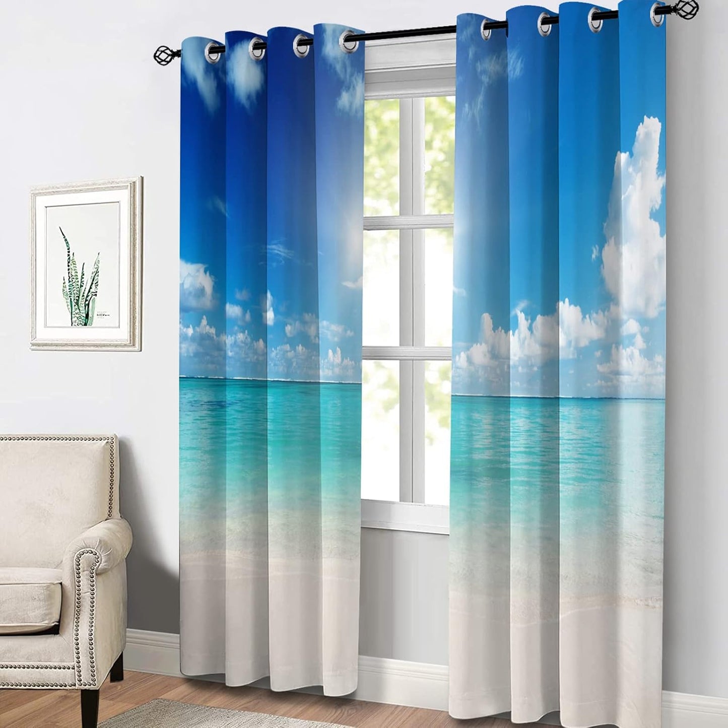Aimego Ocean Beach Blackout Curtains Tropical Seaside Theme Blue Sea Sky Window Drapes Decor for Bedroom Living Room Grommet Top Room Darkening Curtains 2 Panel Set, 52" X 63"