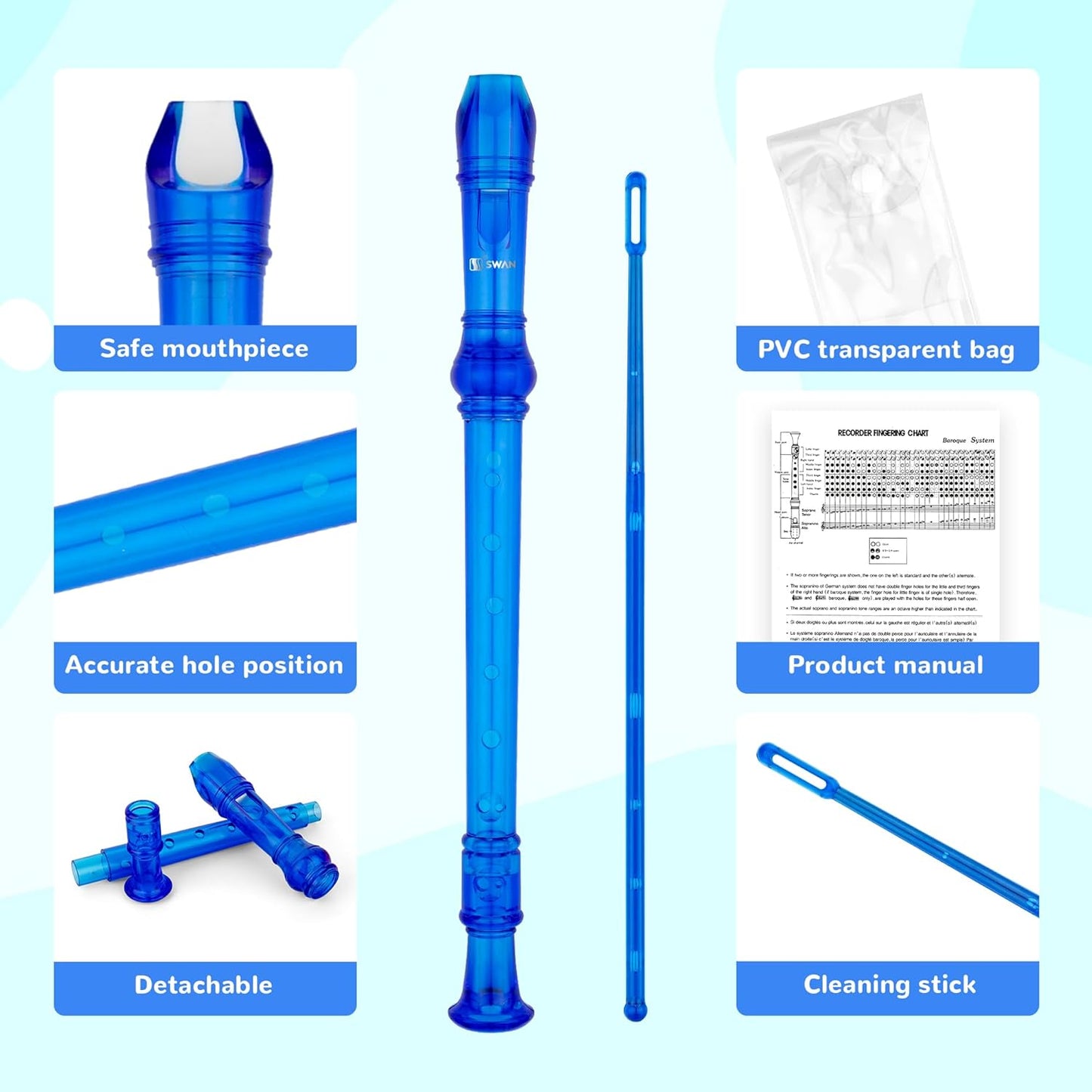 SWAN Soprano Recorder Instrument for Beginners Kids Student - Baroque Style 8 Hole Flute Detachable 3pcs ABS Descant Recorders with Cleaning Rod and Fingering Chart, SW8KT, Transparent Blue