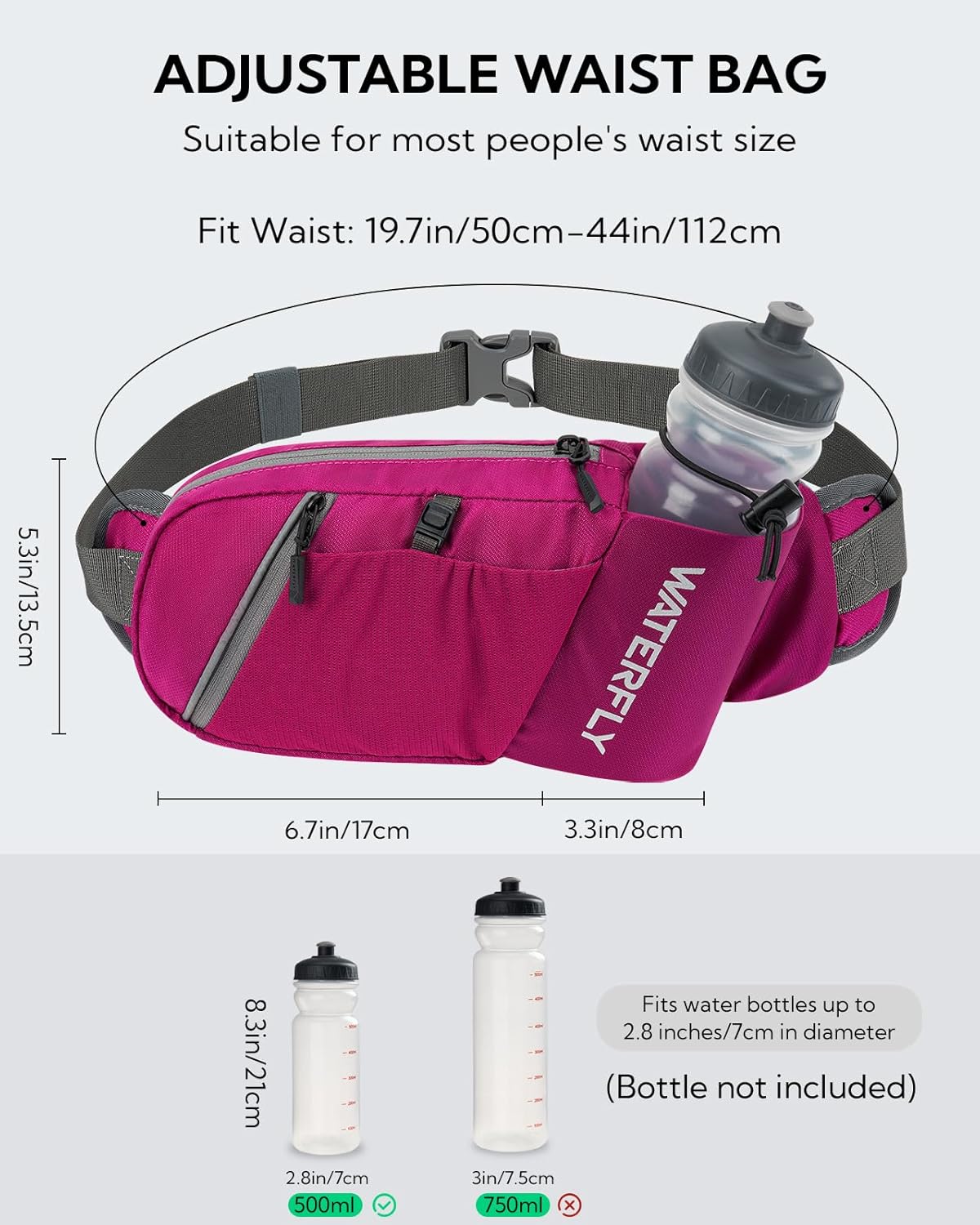 WATERFLY Fanny Pack Waist Bag: Hiking Water Bottle Holder with Strap Waist Pack for Women Men Hydration Hip Packs for Running Walking Traveling-Rose Red