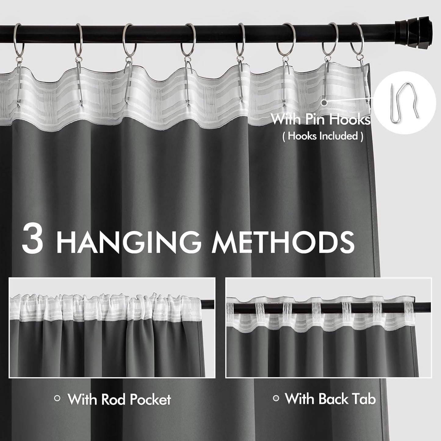 MIULEE Back Tab Grey Blackout Curtains 96 Inch Long 2 Panels Set for Living Room Bedroom, Rod Pocket/Pinch Pleated Long Thermal Insulated Room Darkening Light Blocking Floor to Ceiling Curtains/Drapes
