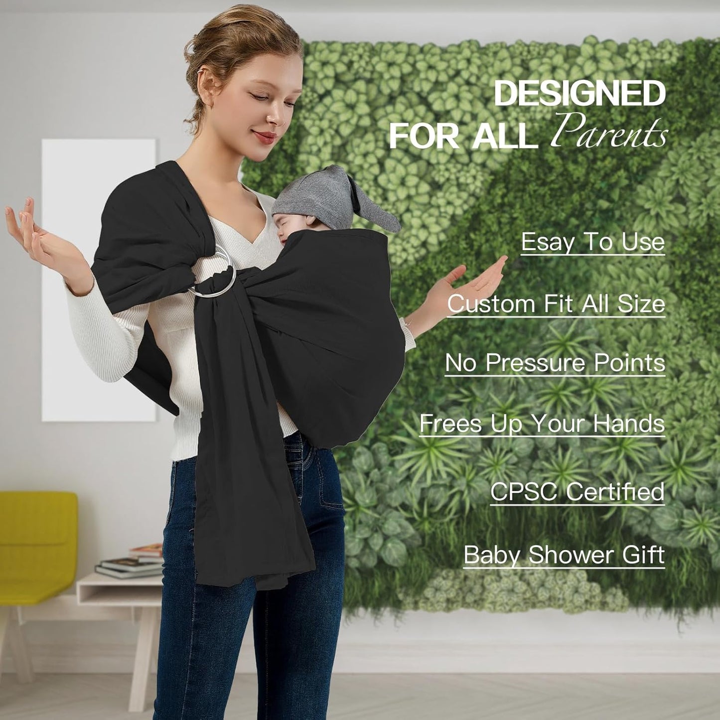 Baby Wrap Ring Sling 7-35 lbs, Baby Sling Carrier for Newborn, Toddler, Infant Holder, Lightweight Baby Carrier Wraps, Black