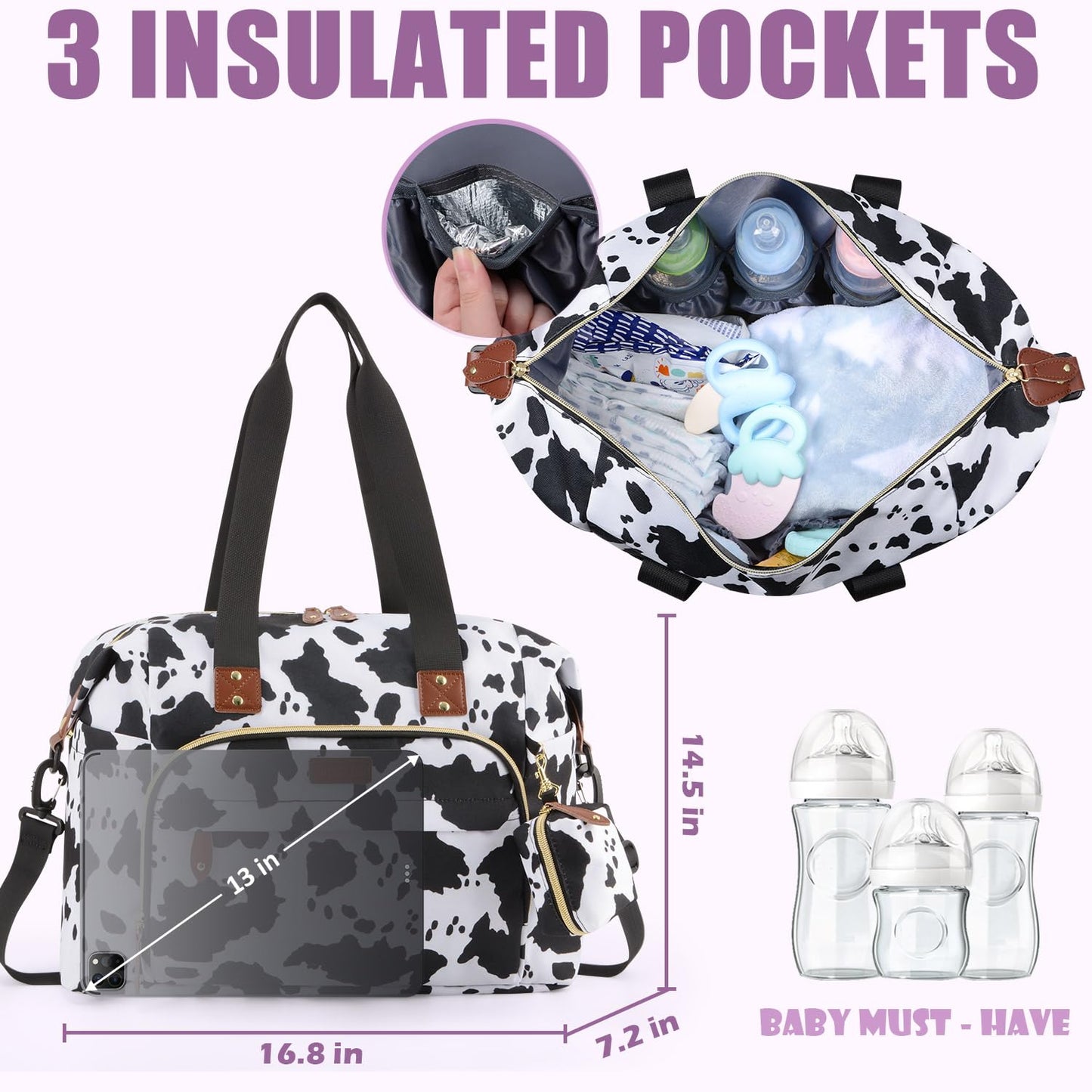 Tuwubi Diaper Bag Tote,Baby Diaper Bag with Pacifier Case Large Travel Diaper Tote Caddy for Mom and Dad Multifunction Large Baby Bag - Cow Print